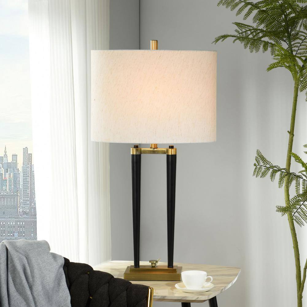 Matte Black and Brass Modern Table Lamp with Oatmeal Shade