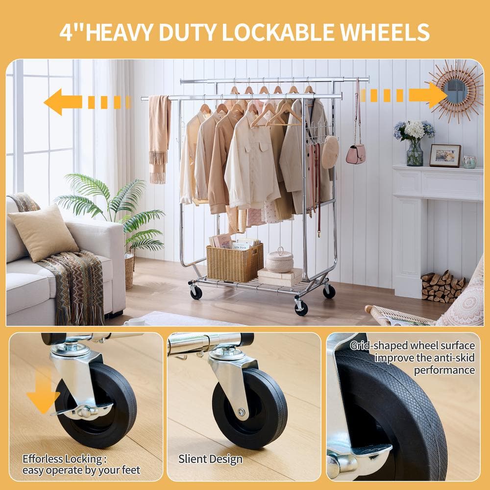 Carsi Silver Polished Metal Collapsible Double Clothing Rack with Wheels 75 in. - thumbnail 5