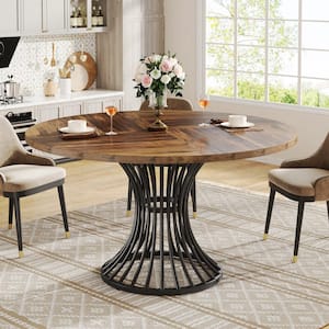 Halseey Rustic Brown Wood 47 in. Round Pedestal Dining Table with Metal Base Seats 4-6 People for Kitchen, Living Room