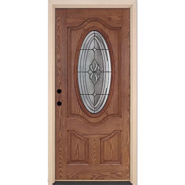 Feather River Doors 35.5 in. x 81.625 in. Duvall Patina 3/4 Oval Lite Stained Medium Oak Right-Hand Inswing Fiberglass Prehung Front Door