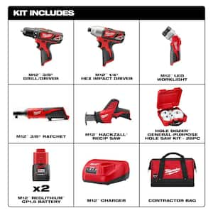 M12 12V Lithium-Ion Cordless Combo Kit (5-Tool) with Two 1.5Ah Batteries, Charger, Tool Bag with Hole Saw Set (28-Piece)