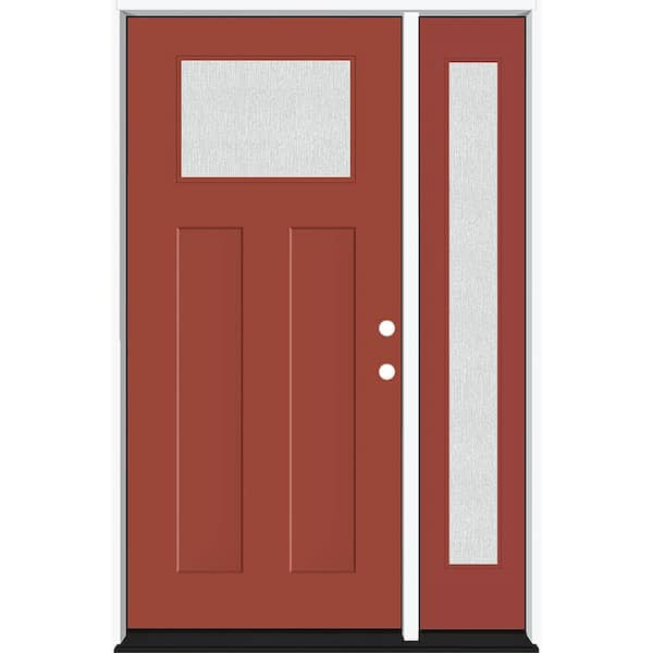 Steves & Sons Legacy 51 in. x 80 in. 1/4 Toplite Rain Glass LHIS Primed Morocco Red Finish Fiberglass Prehung Front Door w/12 in. SL