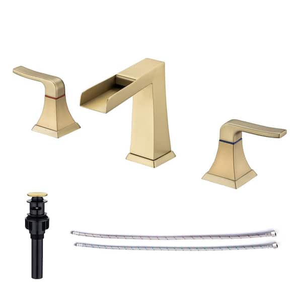 RAINLEX 8 in. Widespread Double Handle Bathroom Faucet with Drain Assembly and Waterfall Spout in Brushed Gold