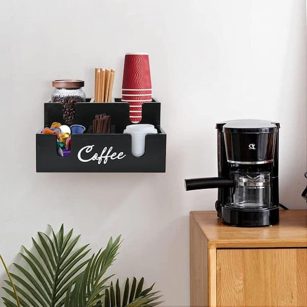 Wood Finish Coffee Station Organizer for Disposable Cup Lid Sleeve Pods Condiment Food Storage for 6 oz. Cups