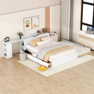 White Wood Frame Full Size Wood Platform Bed with a Rolling Shelf, 3-Drawers and Twin Size Trundle