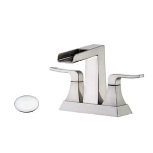 4 in. Centerset Double Handle Low Arc Bathroom Faucet with Drain Kit Included and Supply Holes in Brushed Nickel