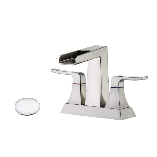 Lukvuzo 4 in. Centerset Double Handle Low Arc Bathroom Faucet with Drain Kit Included and Supply Holes in Brushed Nickel