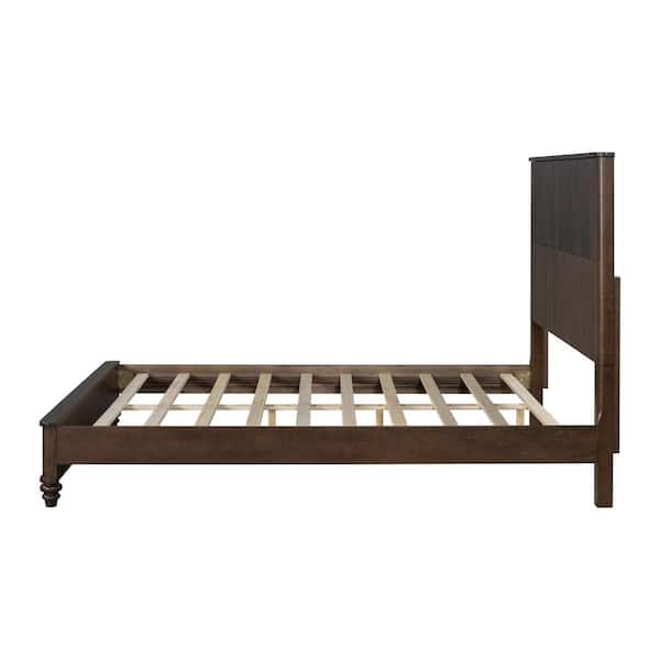 Horizon Brown Walnut Wood Frame Queen Size Platform Bed with Tall Headboard, Rubberwood