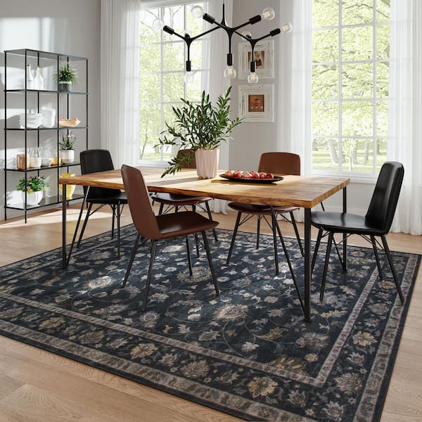 Vintage Floral Vine Washable Non-Slip Black 8 ft. x 10 ft. Area Rug