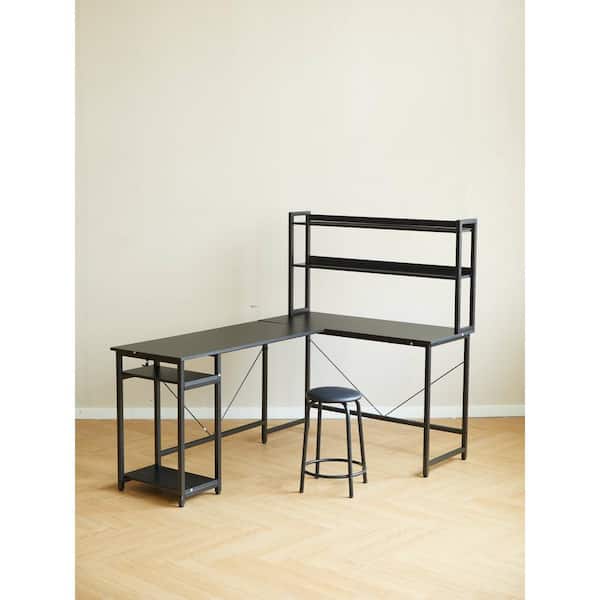 Unbranded 67 in. L Shaped Black MDF Computer Desk Home Office Desk Writing Table Corner Desk with Storage Shelves and Stool