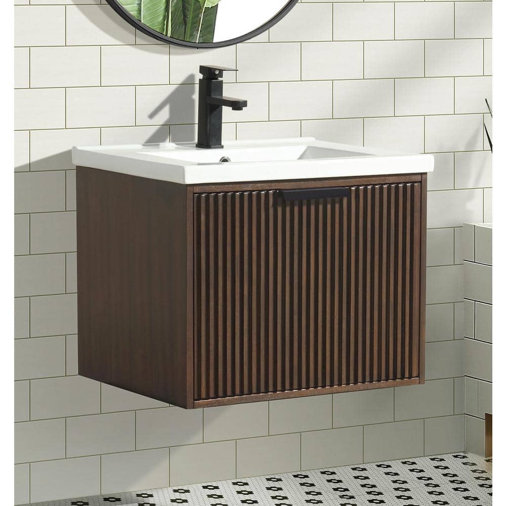 San Diego 24'' Walnut Wall-Mount Bathroom Vanity with Ceramic Sink