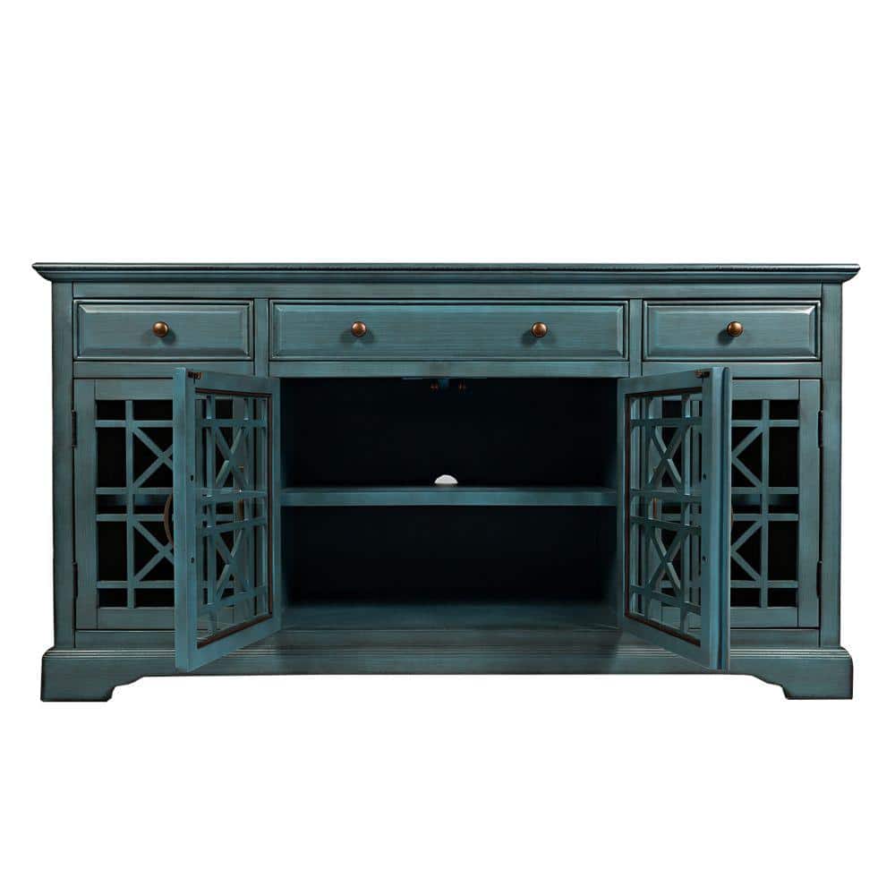 Antique Turquoise Acacia Wood TV Media Console with Glass Doors