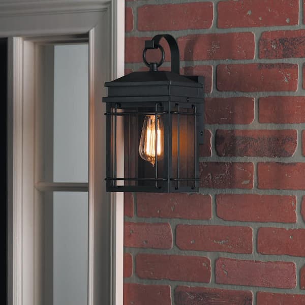 Broward 13 in. 1-Light Black Outdoor Hardwired Wall Lantern Sconce Light Fixture with Clear Glass