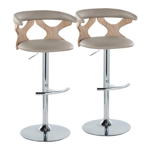 Lumisource Gardenia 32.5 in. Light Grey Faux Leather, White Washed Wood and Chrome Metal Adjustable Bar Stool (Set of 2)