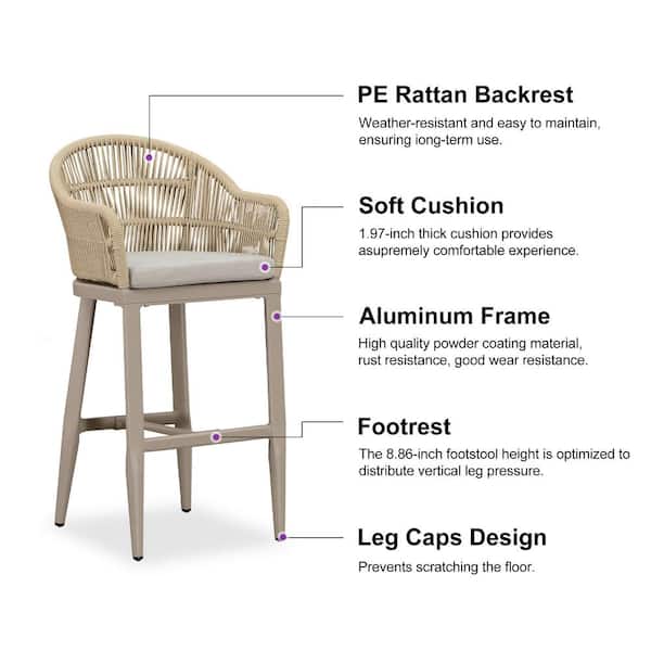 Modern Aluminum Rattan Bar Height Outdoor Bar Stool with Back and Beige Cushion (2-Pack)