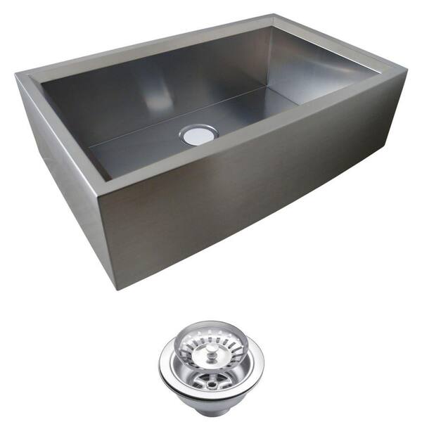 Water Creation Farmhouse Apron Front Zero Radius Stainless Steel 33 in. Single Basin Kitchen Sink with Strainer in Satin