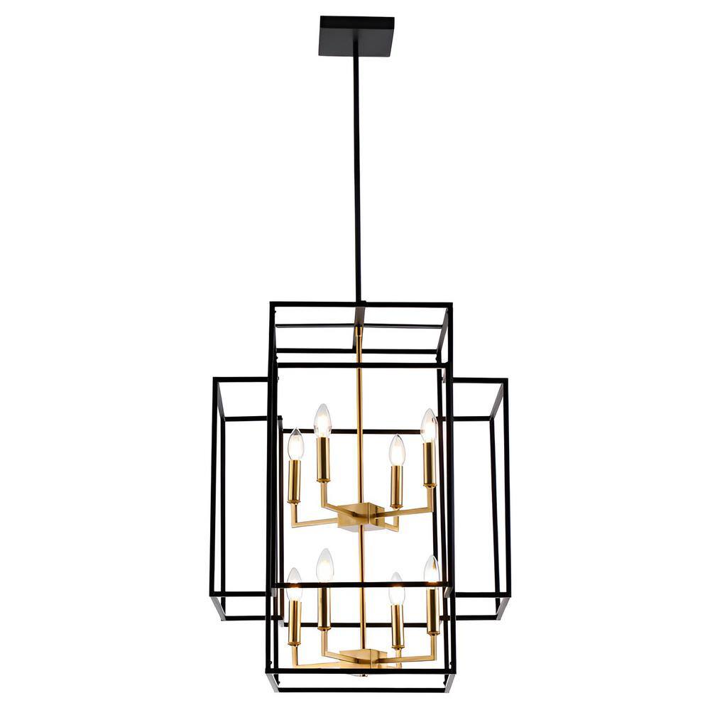 Decomus 8-Light Polished Brass and Black Square Cage Chandelier for kitchen