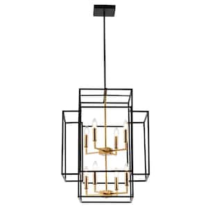 Decomus 8-Light Polished Brass and Black Square Cage Chandelier for kitchen Island with No Bulbs Included