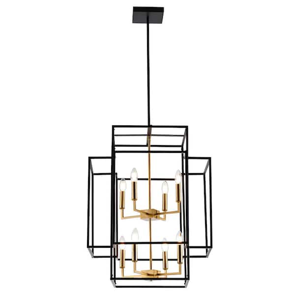 Unbranded Decomus 8-Light Polished Brass and Black Square Cage Chandelier for kitchen Island with No Bulbs Included