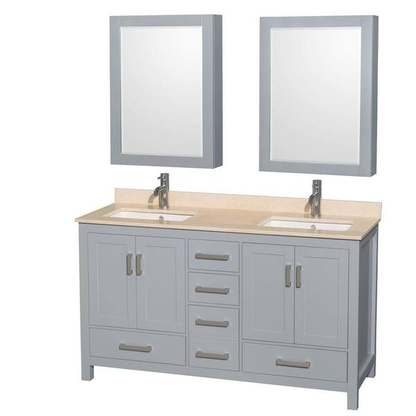 Wyndham Collection Sheffield 60 in. W x 22 in. D Vanity in Gray with Marble Vanity Top in Ivory with White Basins and Cabinet Mirrors