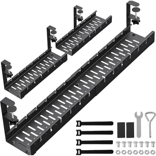 31Inch Extendable Under Desk Cable Management Tray Metal Cord Holder with Clamp for Wire Organization in Black