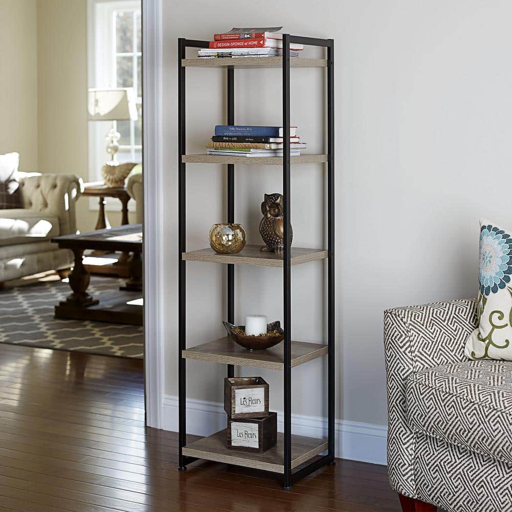 Ashwood Gray 5-Shelf Narrow Bookcase with Black Metal Frame