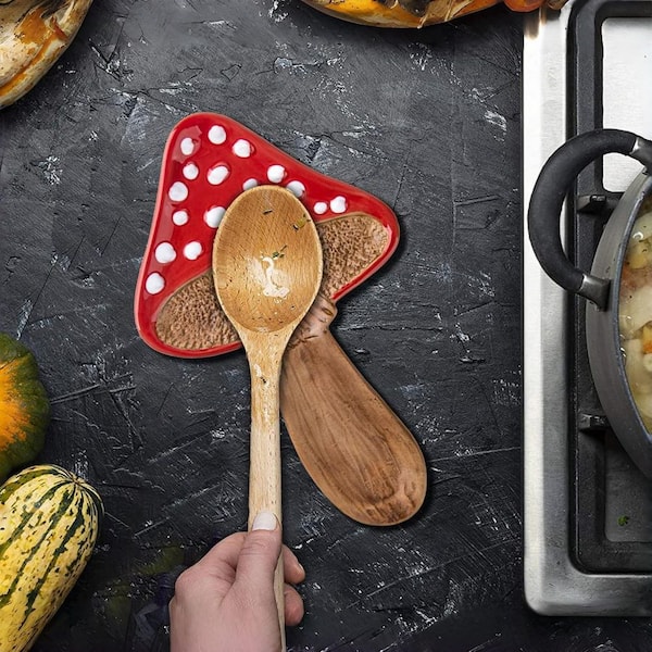 Ceramic Spoon Rest with Cute Mushroom, Spoon Holder for Stove Top and Kitchen Counter (1-Pack)
