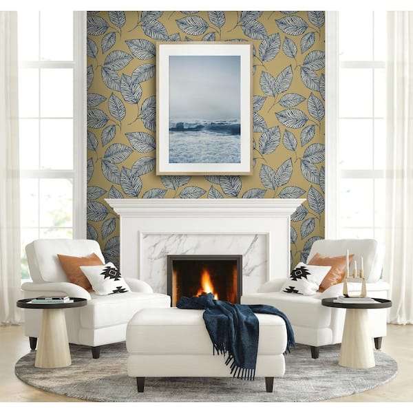 Stylized Foliage Metallic Gold & Blue Paper Non - Pasted Paste Sheet Wet Removable Wallpaper Roll (Cover 60.75 sq. ft.)