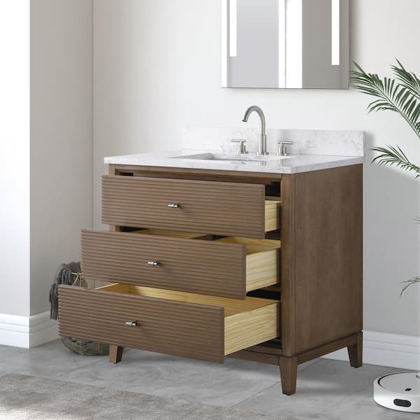 36 in. W Single Sink Freestanding Walnut Bath Vanity Cabinet with Arabescato White Engineered Marble Top