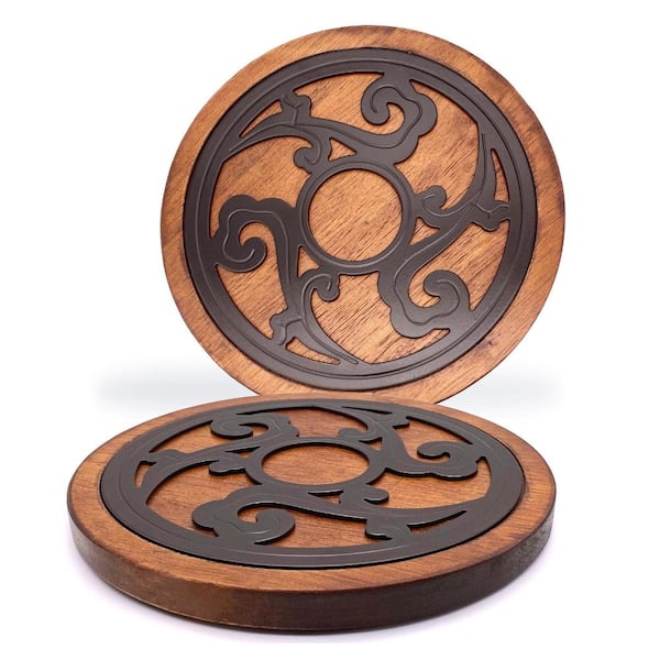 Black Wood Cast Iron Round Trivets Set of 2 for Hot Dishes and Countertop Protection