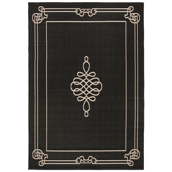 Courtyard Black/Cream 4 ft. x 6 ft. Border Indoor/Outdoor Patio  Area Rug