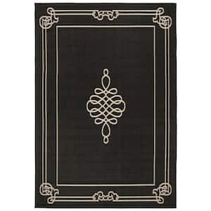 Courtyard Black/Cream 7 ft. x 10 ft. Border Indoor/Outdoor Patio  Area Rug