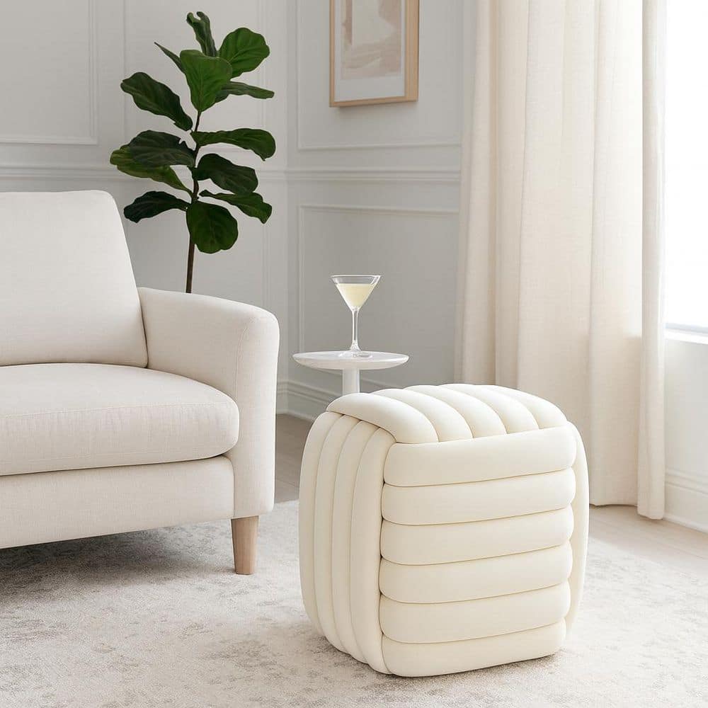 19 in. H Ivory Cream Wood Square Channeled Knot Stool with Velvet Seat price history on PriceWatchPro