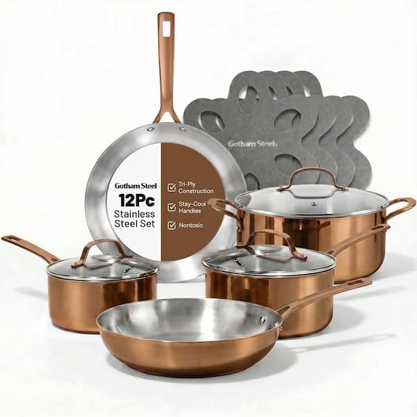 12-Piece Copper/Stainless Steel Tri-Ply Cookware Set with Cookware Pad Protectors