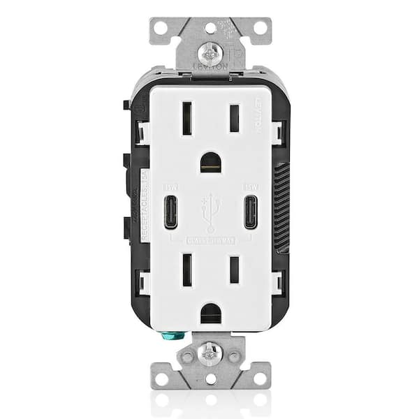 Lever Edge Easy Install 15 Amp Duplex Outlet with 30-Watts USB C + USB C Power Delivery Charger, White (ECC15-BW)