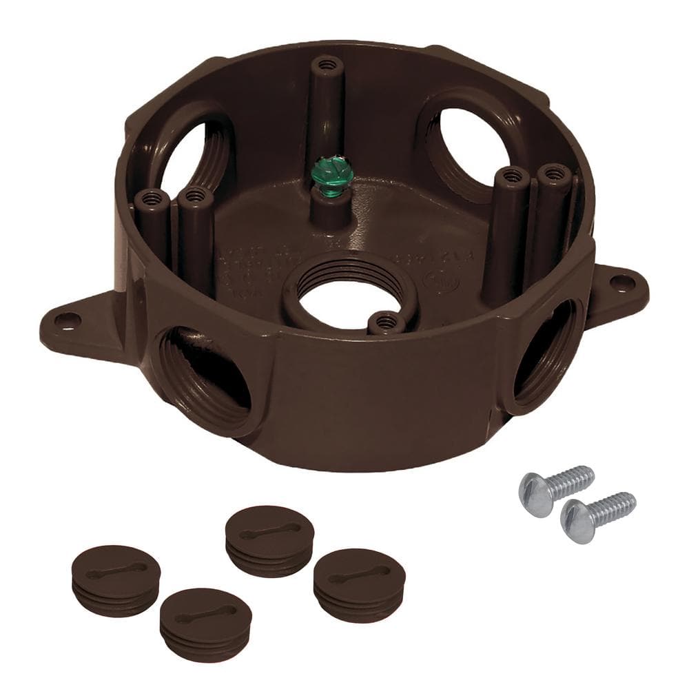 Round Metal Weatherproof Electrical Outlet Box with (5) 1/2 inch Holes, Bro