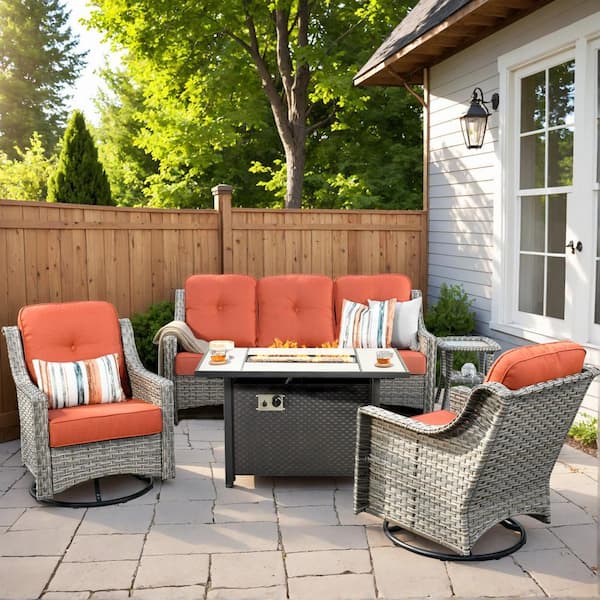 Eureka Gray 5-Piece Wicker Outdoor Patio Conversation Sofa Chair Seating Set with Metal Fire Pit and Red Cushions