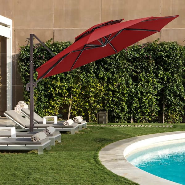 JEAREY 11 ft. Round Cantilever Tilt Patio Umbrella With Crank in Red