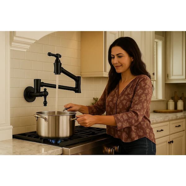 Modern 26in. Wall-Mount Double-Handle Kitchen Pot Filler Faucet with Vibrant Dual Swing Arms Spot Resist in Matte Black