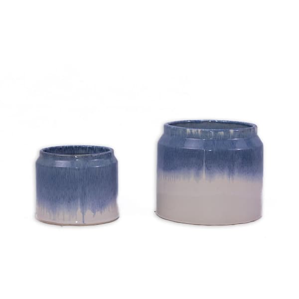 Modern White and Blue Ceramic Planters (Set of 2) for Indoor or Outdoor Use