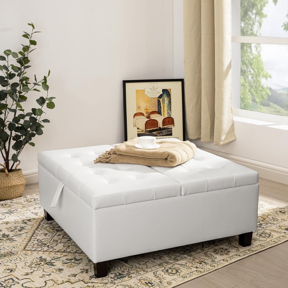 35 in. White Tufted Upholstered Lift-Top Ottoman Bench, Large Square Storage Coffee Table and Footrest Stool