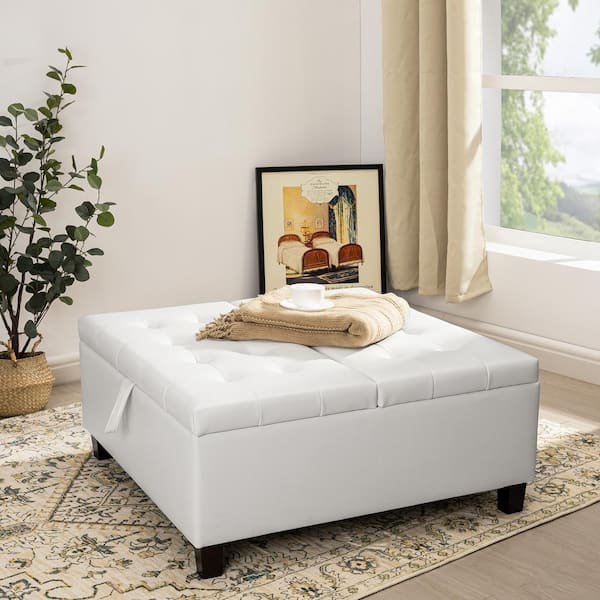 35 in. White Tufted Upholstered Lift-Top Ottoman Bench, Large Square Storage Coffee Table and Footrest Stool