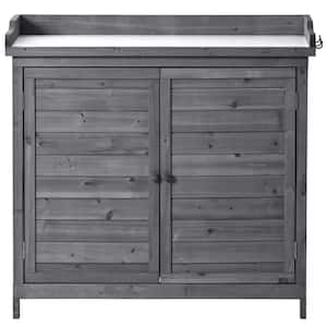 Outdoor Potting Bench Table, Rustic Garden Wood Workstation Storage Cabinet Shed with 2-Tier Shelves and Side Hook, Grey