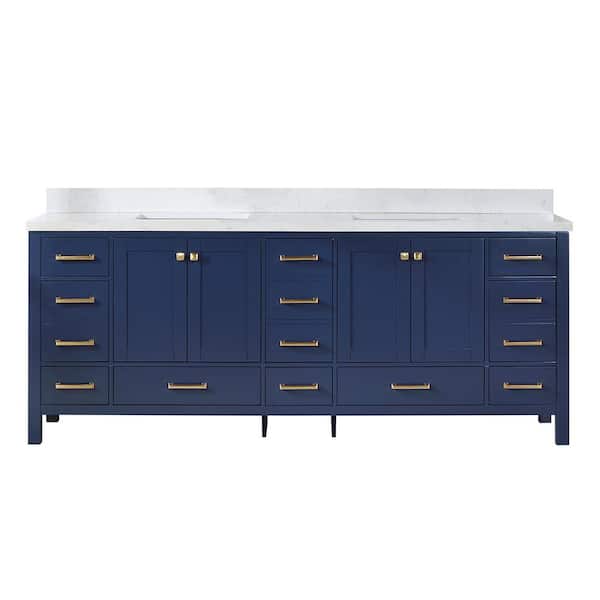 ROSWELL Shannon 84 in. W x 22 in. D 33.9 in. H Bath Vanity in Royal Blue with White Composite Stone Top