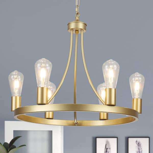 Romyn 6 Light Gold Farmhouse Candle Style Wagon Wheel Chandelier for Kitchen Island Dining Room Living Room Foyer