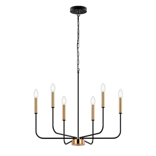YANSUN 26 in. 6-Light Black and Gold Farmhouse Chandelier - Adjustable Industrial Fixture for Dining Room, Bedroom and Foyer