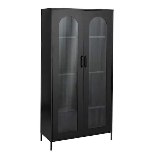 Storied Home Solstice Black Tall 63 in. Accent Cabinet with 3-Shelves and Arched Doors