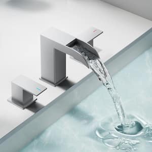 Waterfall 8 in. Widespread Double Handle Bathroom Faucet with Drain Kit 3-Hole Vanity Sink Set in Brushed Nickel