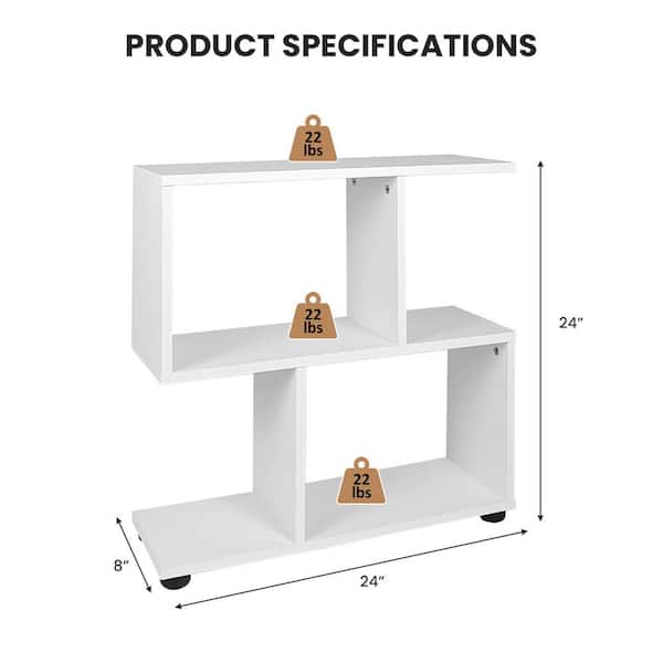 Costway 2-Tier 8 in. Wide 24 in. H White Bookshelf S Shaped