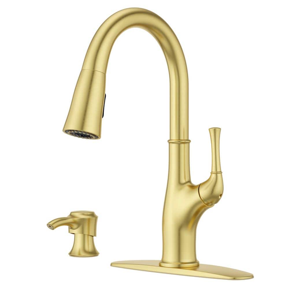 Alderwood Single Handle Pull Down Kitchen Faucet with Deck Plate and Soap Dispenser in Brushed Gold price history on PriceWatchPro